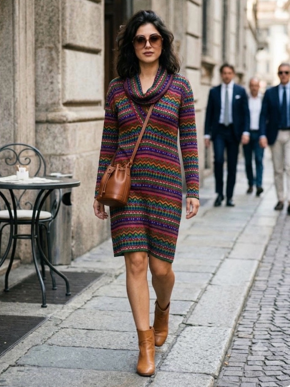 Missoni Donna Vintage Wool Knit Zig Zag Geometric Cowl Long Sleeve Dress Sz 10